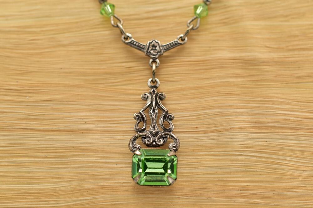 Sadie Green Vintage Crystal Collar Y Drop Silver Prong Rhinestone Signed Bin6B